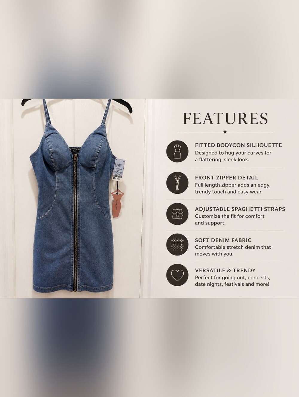 NEW Haute Monde Denim Bodycon Mini Dress | Front Zip | Spaghetti Strap